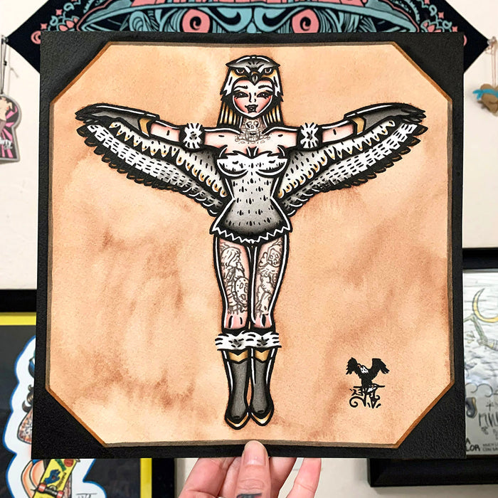 American traditional tattoo flash illustration The Sorceress of Castle Grayskull Falcon Pinup watercolor painting.