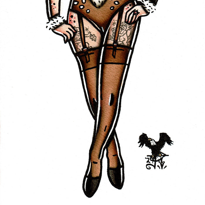 American traditional tattoo flash Fawn Deer Pinup watercolor painting.