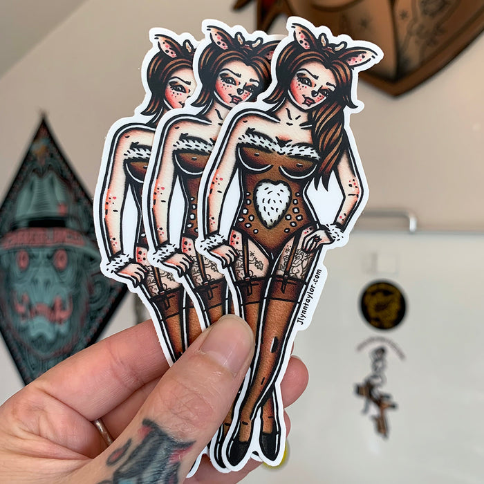 American traditional tattoo flash Fawn Deer Pinup watercolor sticker.