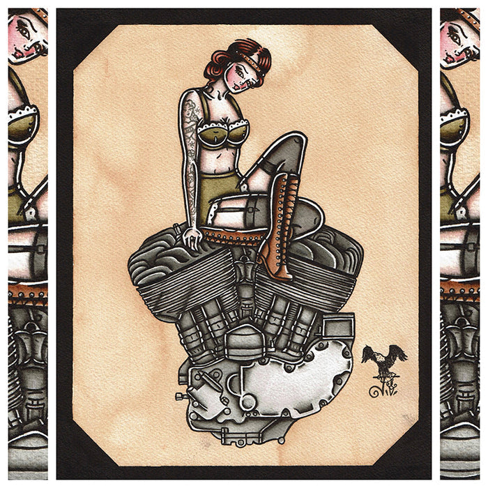 American Traditional tattoo flash sexy Harley-Davidson Flathead engine pinup spitshade painting.