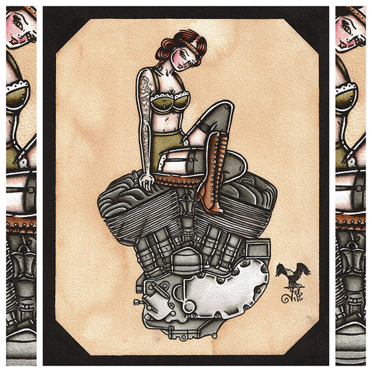 American Traditional tattoo flash sexy Harley-Davidson Flathead engine pinup spitshade painting.