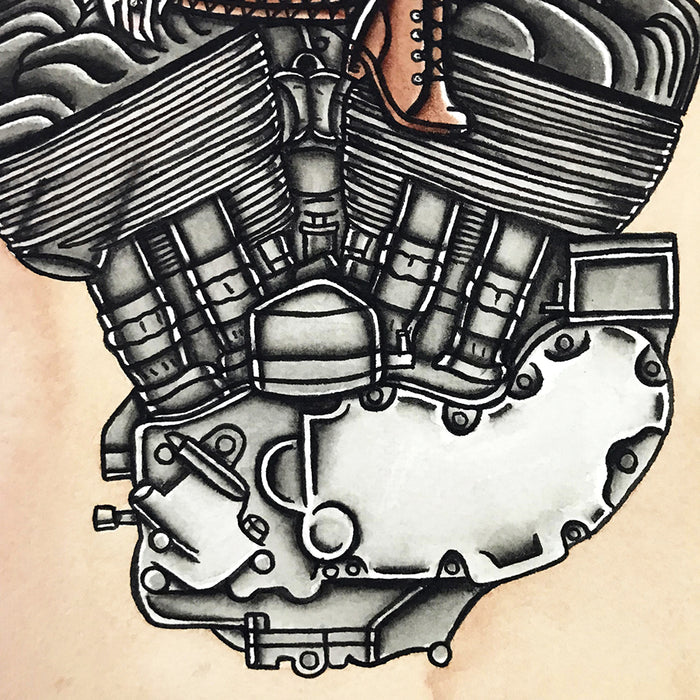 American Traditional tattoo flash sexy Harley-Davidson Flathead engine pinup spitshade painting.