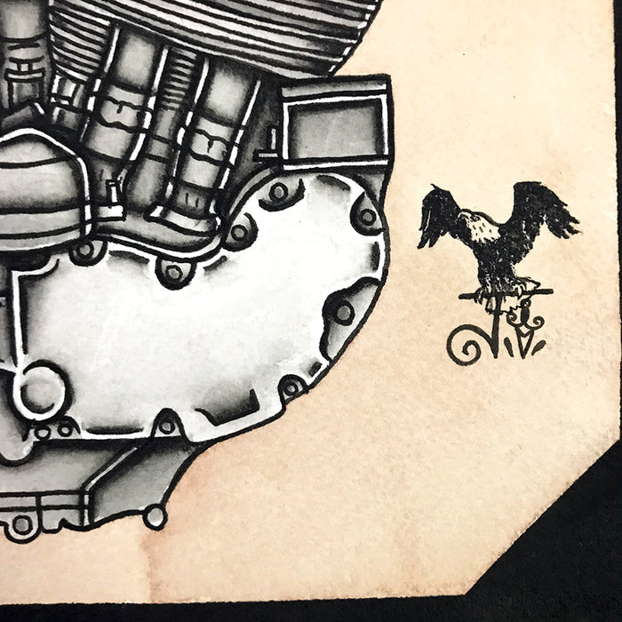 American Traditional tattoo flash sexy Harley-Davidson Flathead engine pinup spitshade painting.