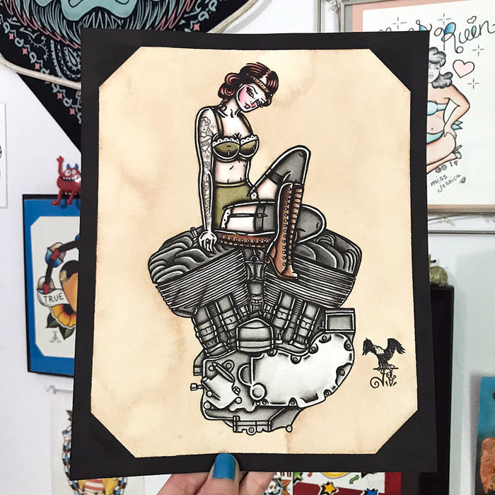 American Traditional tattoo flash sexy Harley-Davidson Flathead engine pinup spitshade painting.