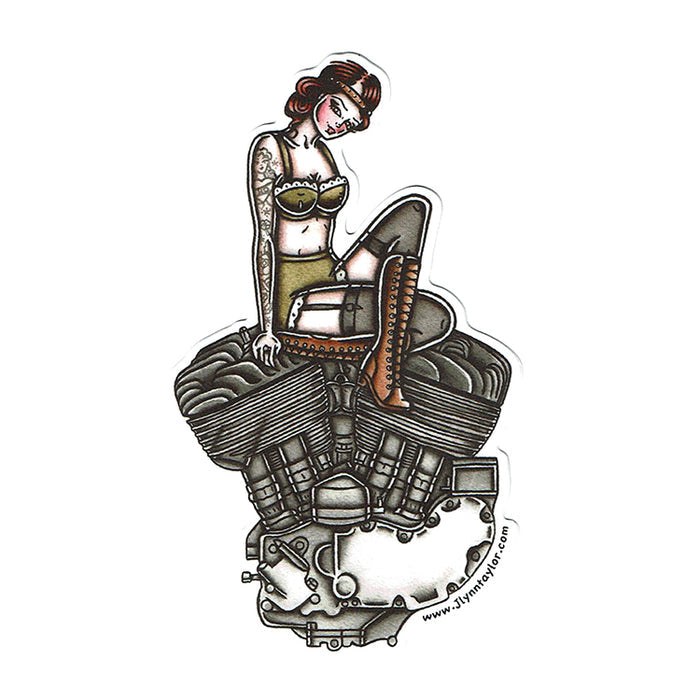 American traditional tattoo flash illustration Harley Motorcycle Flathead Engine Pinup watercolor sticker.