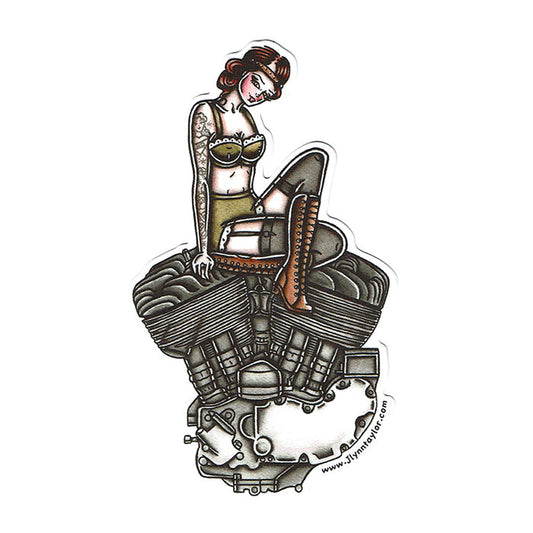 American traditional tattoo flash illustration Harley Motorcycle Flathead Engine Pinup watercolor sticker.
