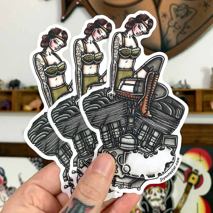 American traditional tattoo flash illustration Harley Motorcycle Flathead Engine Pinup watercolor sticker.