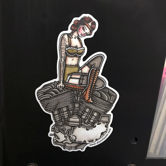 American traditional tattoo flash illustration Harley Motorcycle Flathead Engine Pinup watercolor sticker.