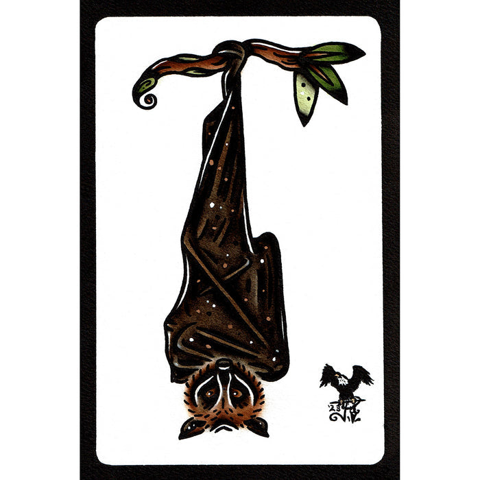 American traditional tattoo flash wildlife illustration Large Flying Fox Fruit Bat watercolor painting.