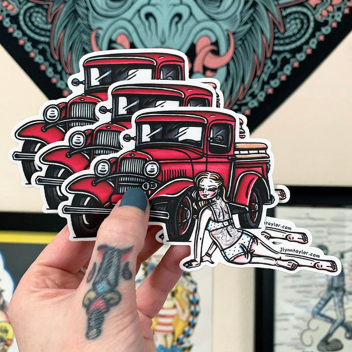 American traditional tattoo flash classic Ford Model A Pickup Pinup watercolor sticker.