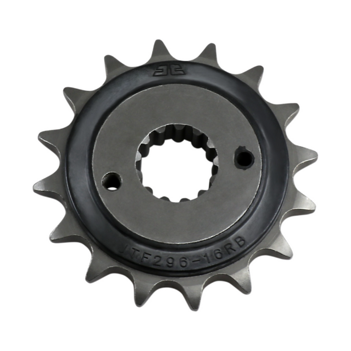 A black front sprocket for a Honda Shadow motorcycle, showing the gear teeth and hole for installation.