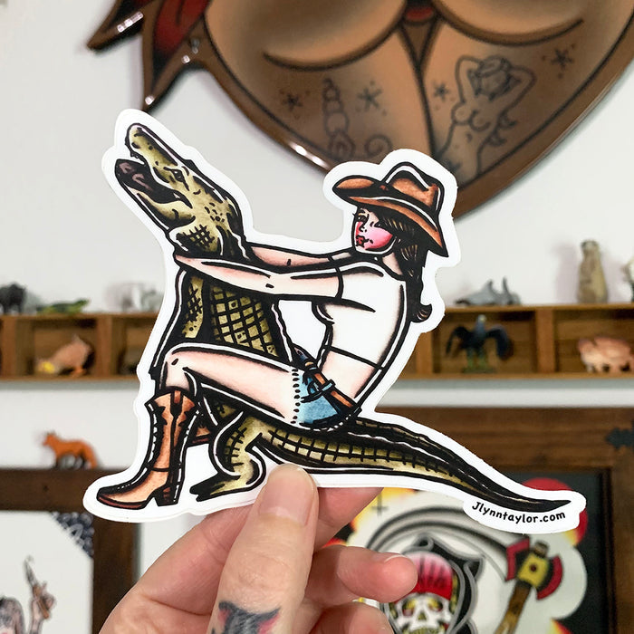 American traditional tattoo flash Alligator Wrestler Pinup watercolor sticker.
