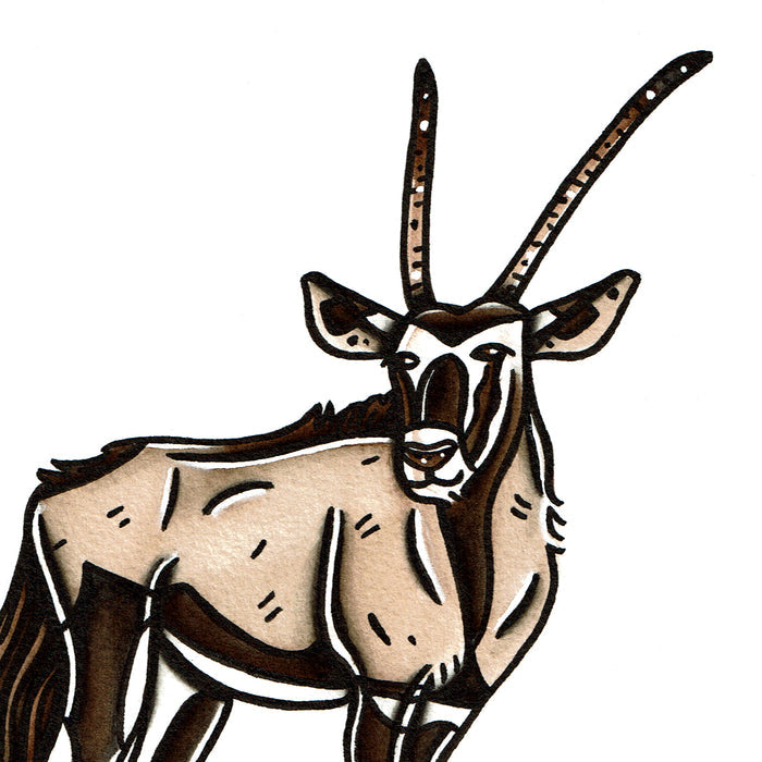 American traditional tattoo flash wildlife illustration Gemsbok Oryx ink and watercolor painting.