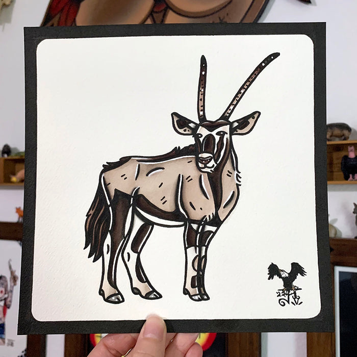 American traditional tattoo flash wildlife illustration Gemsbok Oryx ink and watercolor painting.