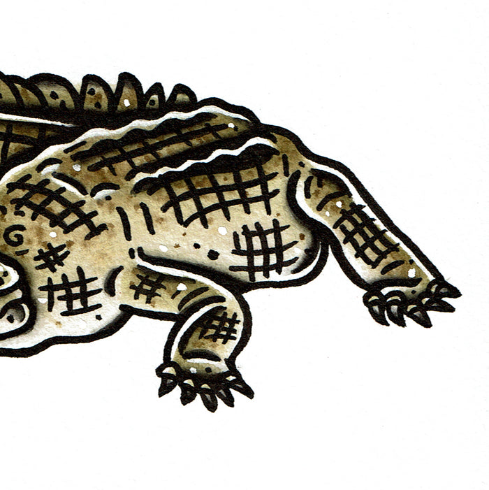 American traditional tattoo flash wildlife illustration Gharial Alligator ink and watercolor painting.