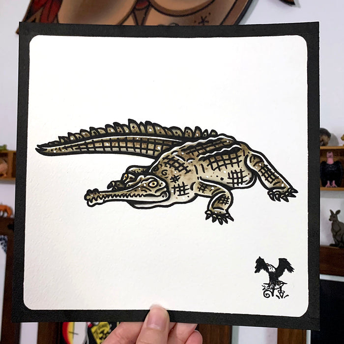 American traditional tattoo flash wildlife illustration Gharial Alligator ink and watercolor painting.