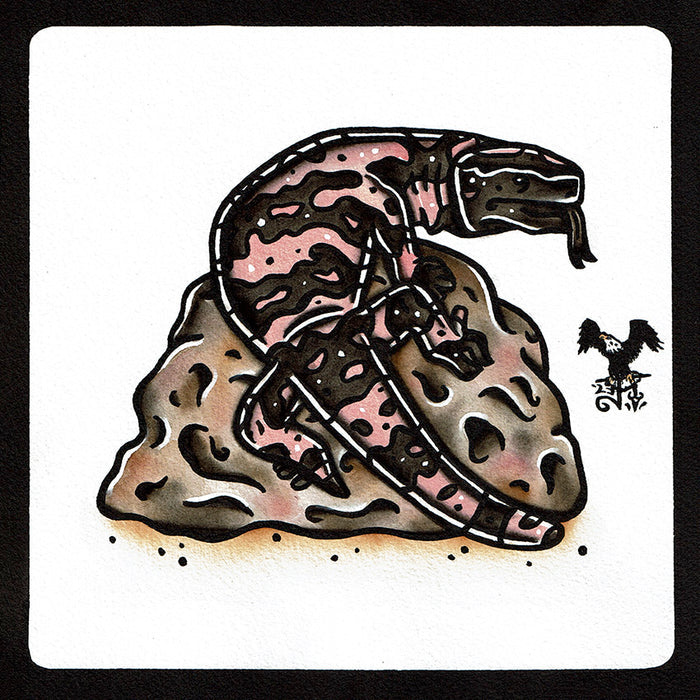 American traditional tattoo flash wildlife illustration Gila Monster Lizard watercolor painting.