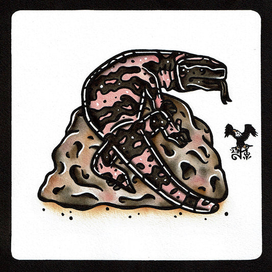 American traditional tattoo flash wildlife illustration Gila Monster Lizard watercolor painting.