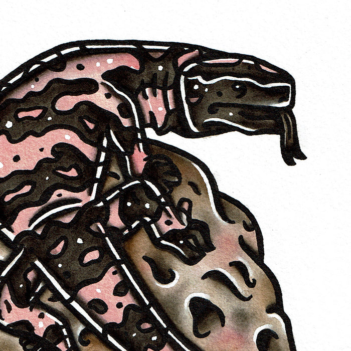 American traditional tattoo flash wildlife illustration Gila Monster Lizard watercolor painting.