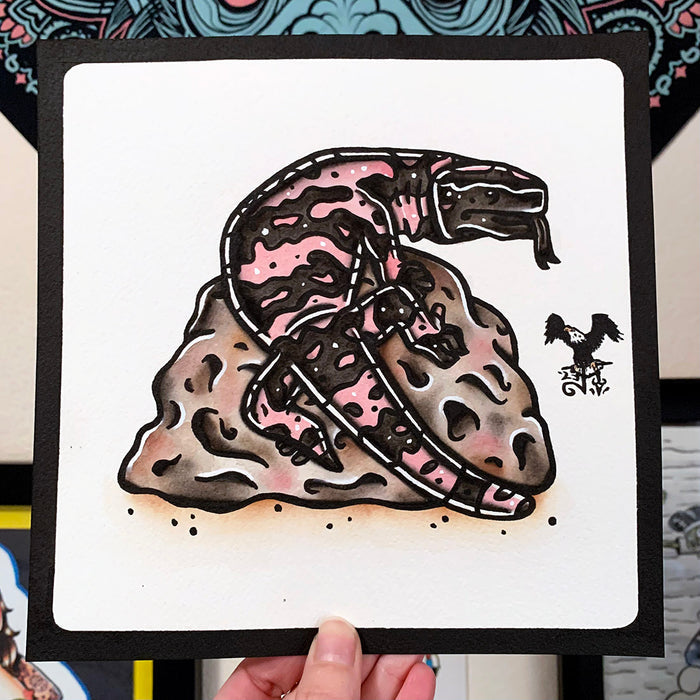 American traditional tattoo flash wildlife illustration Gila Monster Lizard watercolor painting.