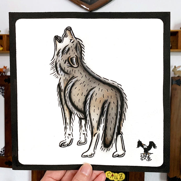 American traditional tattoo flash wildlife illustration Gray Wolf ink and watercolor illustration.