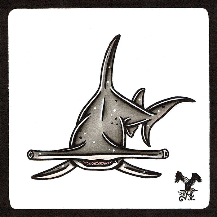 American traditional tattoo flash wildlife illustration Great Hammerhead Shark ink and watercolor painting.