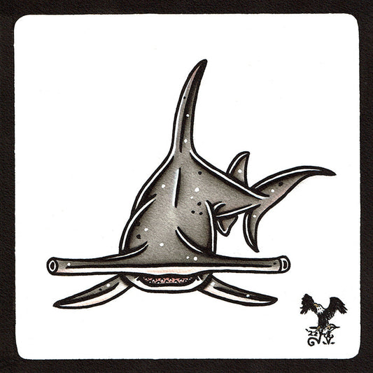 American traditional tattoo flash wildlife illustration Great Hammerhead Shark ink and watercolor painting.