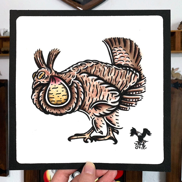 American traditional tattoo flash wildlife illustration Greater Prairie Chicken ink and watercolor painting.