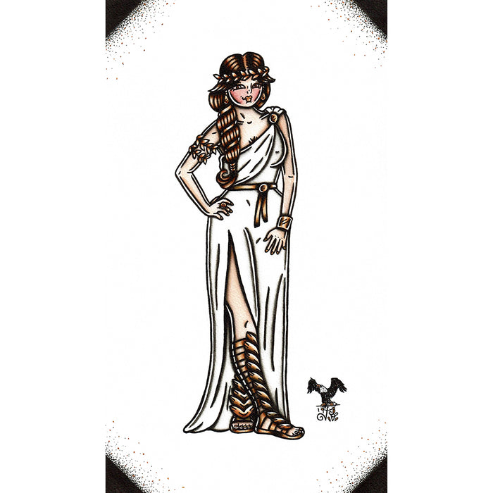 American Traditional tattoo flash Greek Goddess Pinup watercolor painting.
