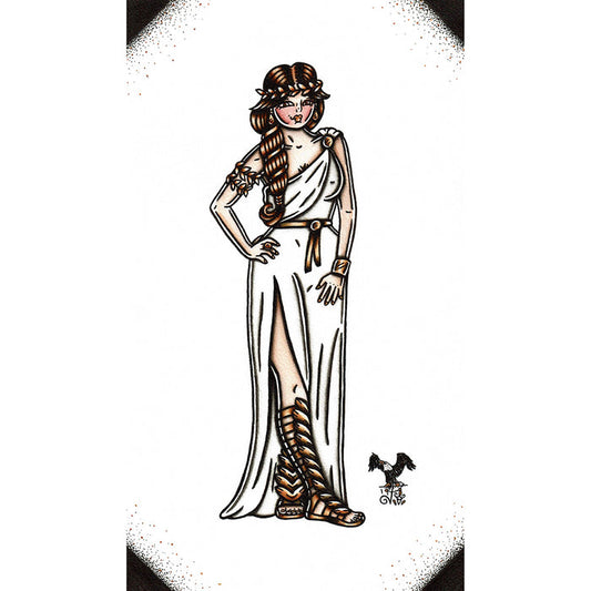 American Traditional tattoo flash Greek Goddess Pinup watercolor painting.