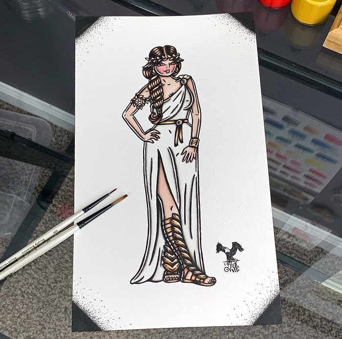 American Traditional tattoo flash Greek Goddess Pinup watercolor painting.