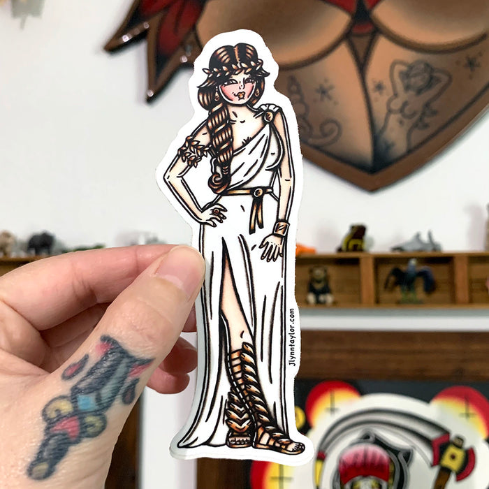 American Traditional tattoo flash sexy Greek Goddess pinup sticker.