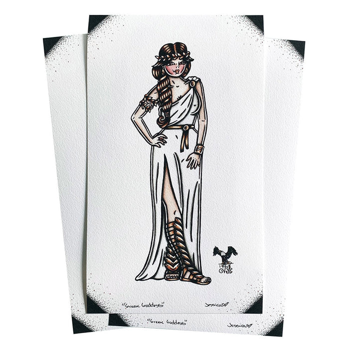 American traditional tattoo flash Greek Goddess Pinup watercolor print.
