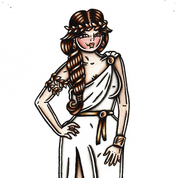 American traditional tattoo flash Greek Goddess Pinup watercolor print.