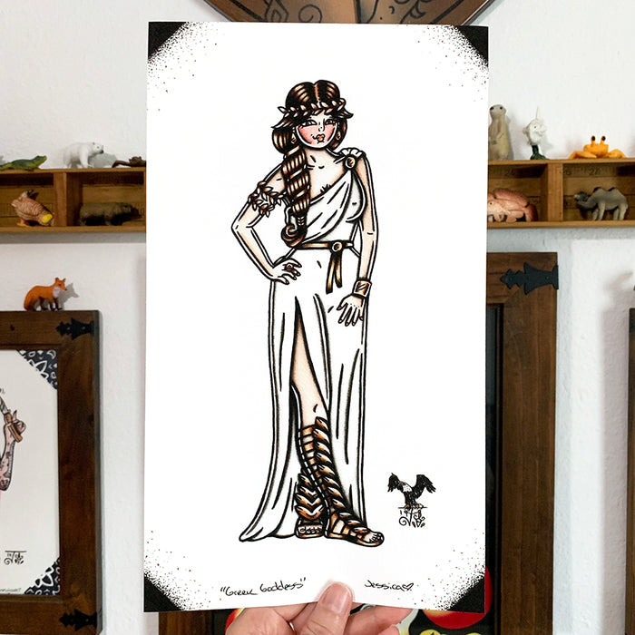 American traditional tattoo flash Greek Goddess Pinup watercolor print.