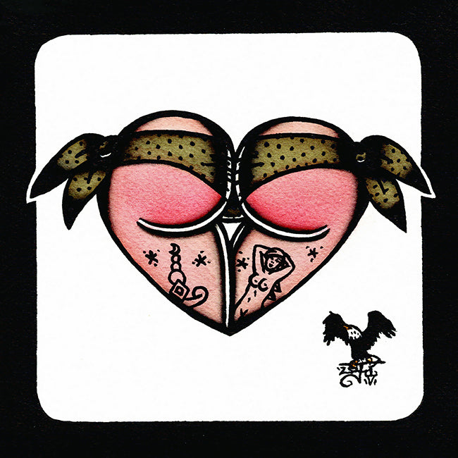 American traditional tattoo flash green polka dot Scrunch Butt Bikini Booty Heart watercolor painting.