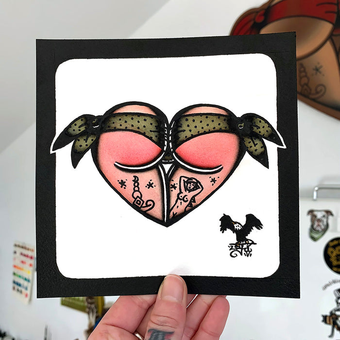 American traditional tattoo flash green polka dot Scrunch Butt Bikini Booty Heart watercolor painting.