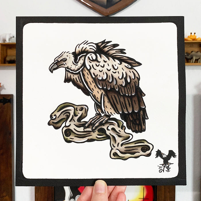American traditional tattoo flash wildlife illustration Griffon Vulture ink and watercolor painting.