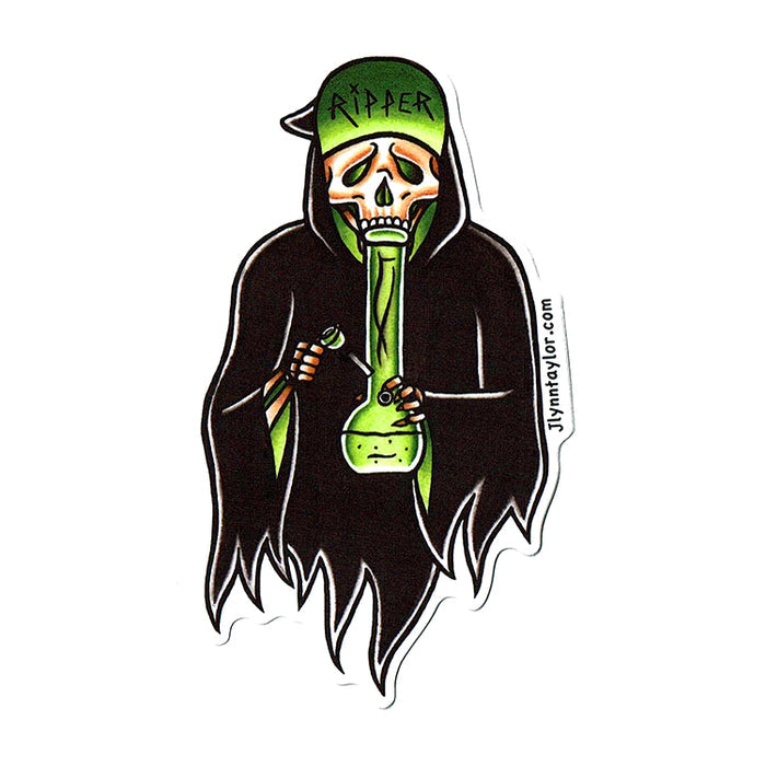 American Traditional tattoo flash 420 bong Grim Reaper watercolor sticker.