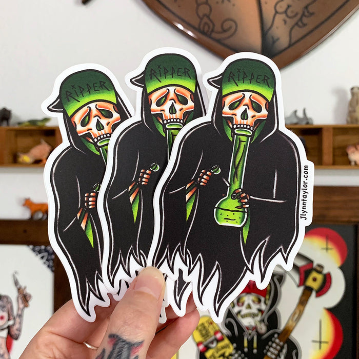 American Traditional tattoo flash 420 bong Grim Reaper watercolor sticker.
