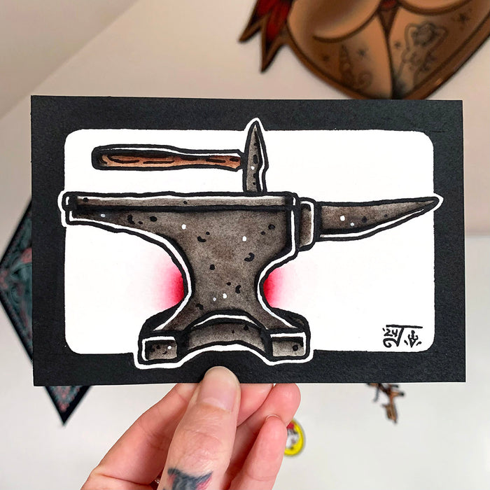 American traditional tattoo flash illustration Hammer and Anvil watercolor painting..