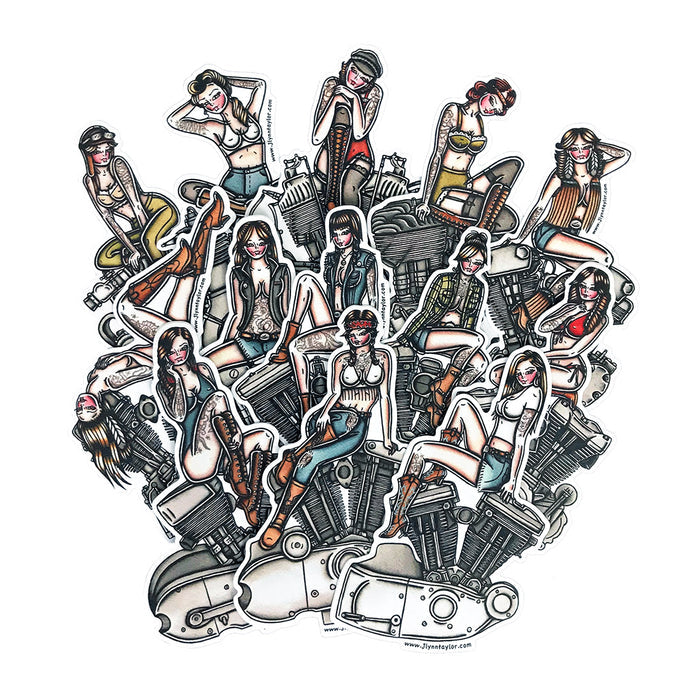 American traditional tattoo flash Harley motorcycle engine Pinup watercolor stickes.