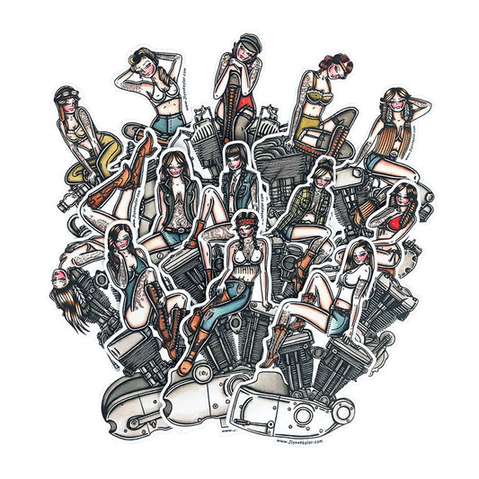 American traditional tattoo flash Harley motorcycle engine Pinup watercolor stickes.