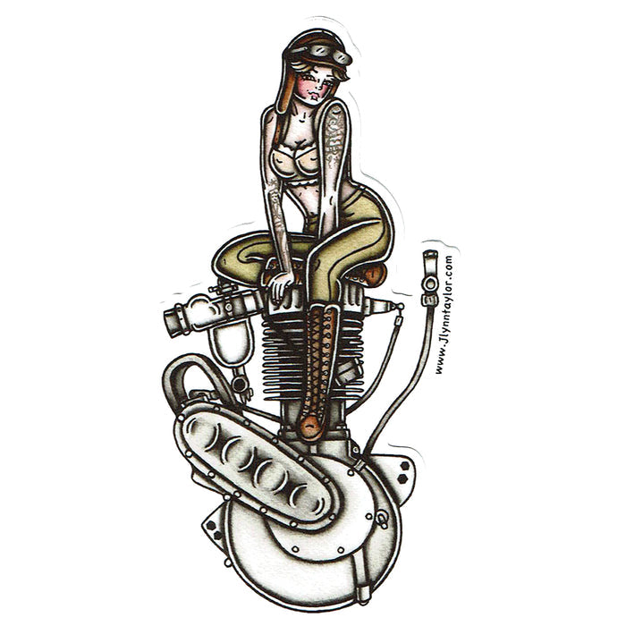 American Traditional tattoo flash sexy Harley Davidson motorcycle vintage single cylinder engine pinup sticker.