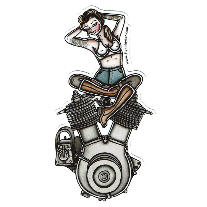 American Traditional tattoo flash sexy Harley Davidson motorcycle vintage 1909 V-twin engine pinup sticker.