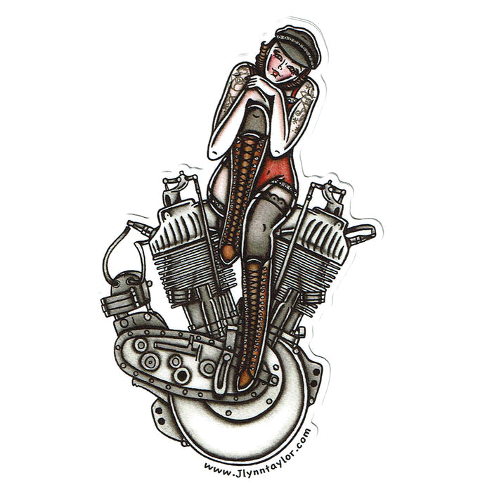 American Traditional tattoo flash sexy Harley Davidson motorcycle vintage F-Head engine pinup sticker.