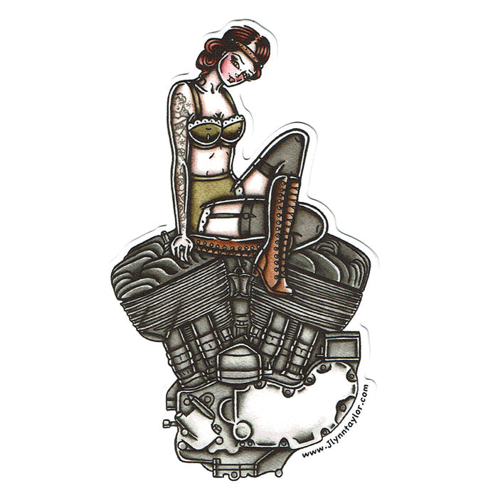 American Traditional tattoo flash sexy Harley Davidson motorcycle vintage Flathead engine pinup sticker.
