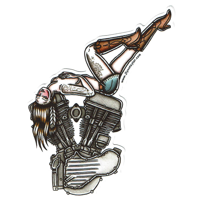American Traditional tattoo flash sexy Harley Davidson motorcycle vintage Panhead engine pinup sticker.