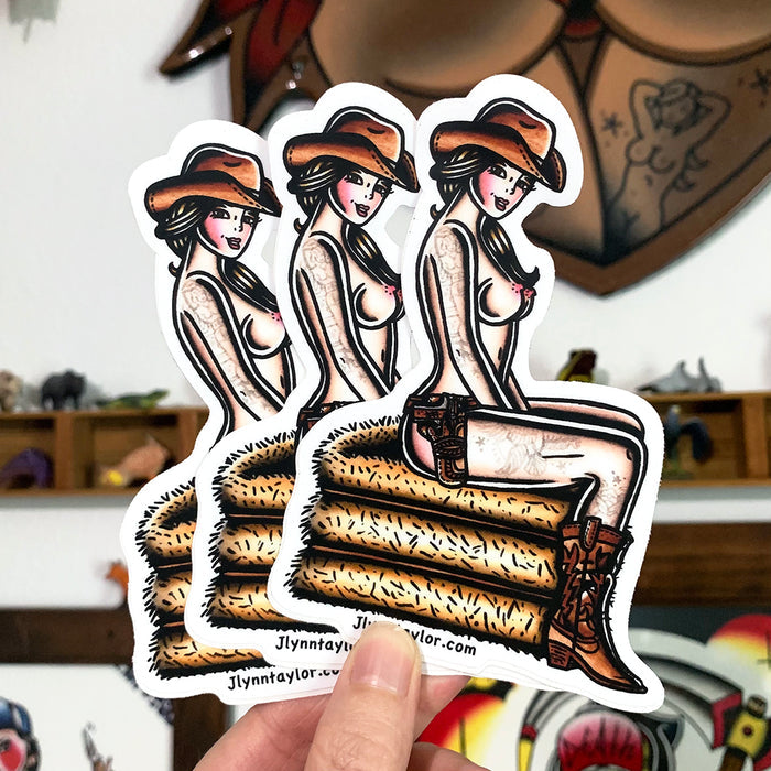 American traditional tattoo flash country Haystack cowgirl pinup watercolor sticker.