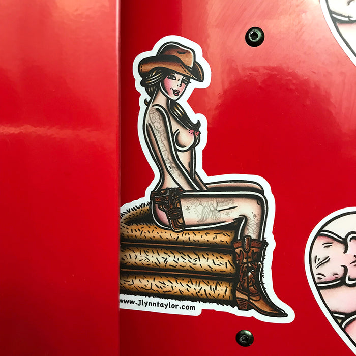 American traditional tattoo flash country Haystack cowgirl pinup watercolor sticker.